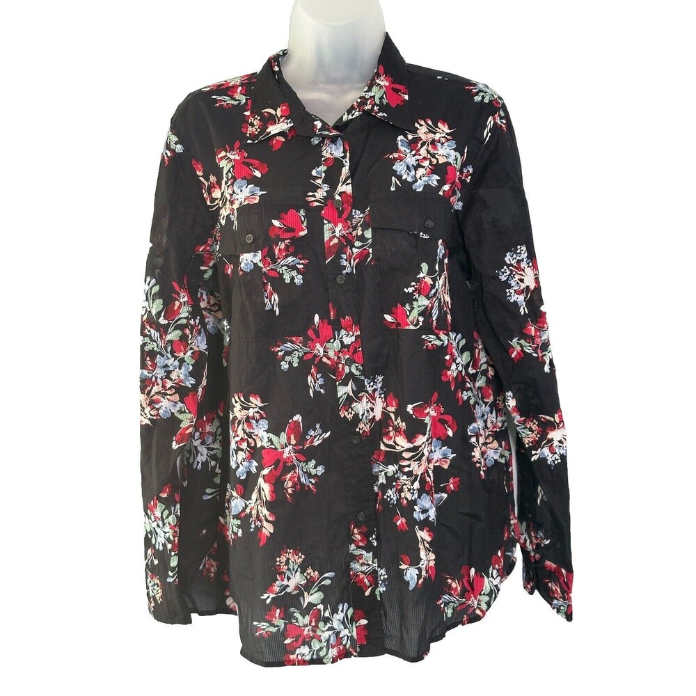 Lauren Ralph Lauren Blouse Size Large Floral Button Down Cotton Semi-Sheer Top
